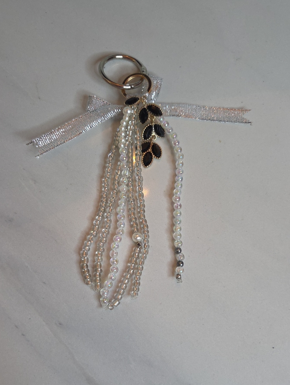 Silver Ribbon and Beaded Tassel Bag Charm